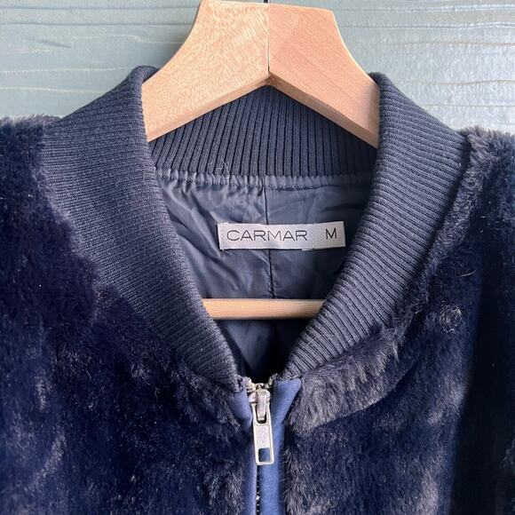 CARMAR Navy Blue Faux Fur Bomber Jacket Size M - Picture 6 of 7